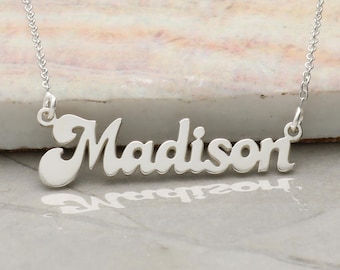 Sterling Silver Name Chain Necklace 70s' Retro Style with Gold Plate Options, Groovy Funky Letters, Personalised Gift for Her
