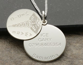 Sterling Silver Medic Aware, Medical Information Double Disc Pendant with Optional Chain, ICE Contact Engraved, Optional Medical Conditons