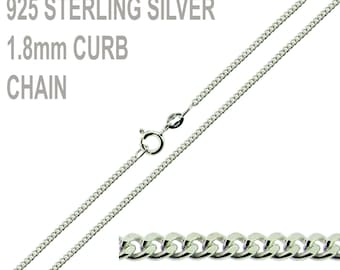 925 Sterling Silver Curb Chain 16" 18 20 22 24 26 28 30 32 34 36 38 40 Inch Long Sterling Silver Chain 1.8mm wide Curb Chain