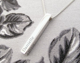 Solid Silver Name Bar Necklace Personalised with 1, 2, 3, or 4 Names, Engraved Long Bar Post Pendant, Vertical drop Pendant