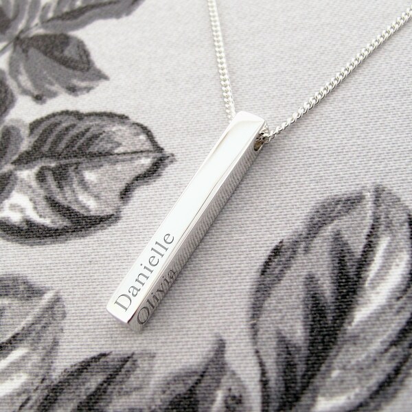 Solid Silver Name Bar Necklace Personalised with 1, 2, 3, or 4 Names, Engraved Long Bar Post Pendant, Vertical drop Pendant