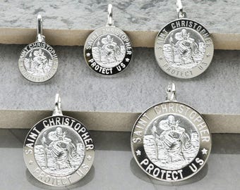 Sterling Silver St Christopher 3D Embossed Pendant, Personalised Option, Saint Medal 5 Sizes available 12mm 15mm 18mm  21mm or 24mm diameter