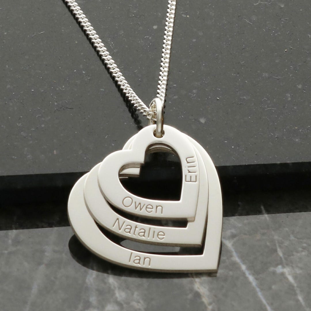 Silver Engraved Three Hearts Necklace Personalised With Names, Mother's ...