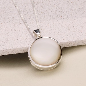 Silver Personalised Round Picture Locket with White Mother of Pearl Inlay  - Optional Chain - Engraved Photo Locket Necklace or Pendant