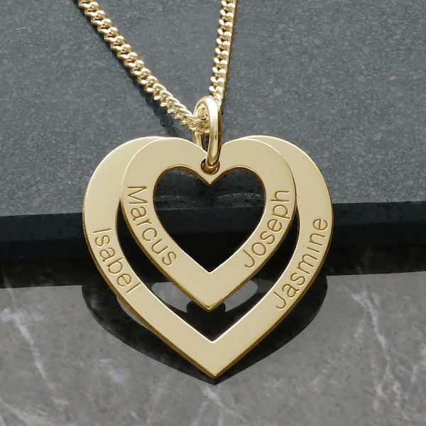Gold Plated on Sterling Silver Hearts Engraved Family Necklace - 1 2 3 or 4 Personalised Names or Words -  Gift for Mother, Wife, Her