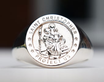Men&#39;s Sterling Silver St Christopher Ring - Personalised Engraved nside Band Option - Embossed Signet Style , Dad or Son Jewellery Gift Idea