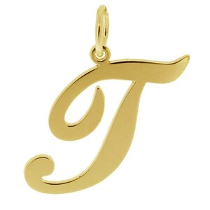 May include: A gold-colored cursive letter T charm pendant. The letter is in a stylized script font.