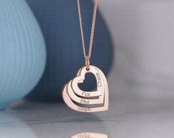 9ct Rose Gold Hearts Personalised Pendant or Necklace, Mothers 3 Heart Rings with Names - Unique Gift fdea for Her, Mum, Mother, Mom