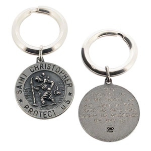 Antique Silver St Christopher with Travellers&#39; Prayer Key Ring 3D - Gift for Him - Key Chain - Key Fob - Travellers 18th Birthday Gift