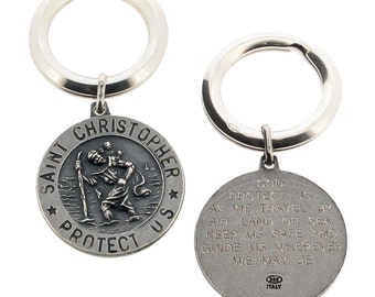 Antique Silver St Christopher with Travellers' Prayer Key Ring 3D - Gift for Him - Key Chain - Key Fob - Travellers 18th Birthday Gift