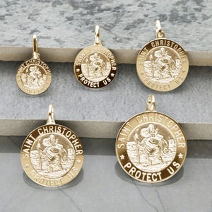 St Christopher Pendant 3D Style, Gold Plated on Sterling Silver - Personalised Option, Saint Medal 5 Sizes available 12mm - 24mm diameter