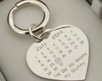 Sterling Silver Special Date Heart Calendar Keyring, The Day You became my ... (choose personalised relationship), Engraved Back Option
