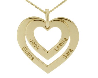 Gold Plated Hearts Family Pendant Name Necklace - Engraved with 1 2 3 or 4 names - 9ct Gold on Sterling Silver Personalised