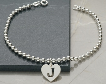 Sterling Silver Beads Anklet and Heart or Round Charm with Initial, Personalised Silver Ankle Chain, Holiday Jewellery for Her