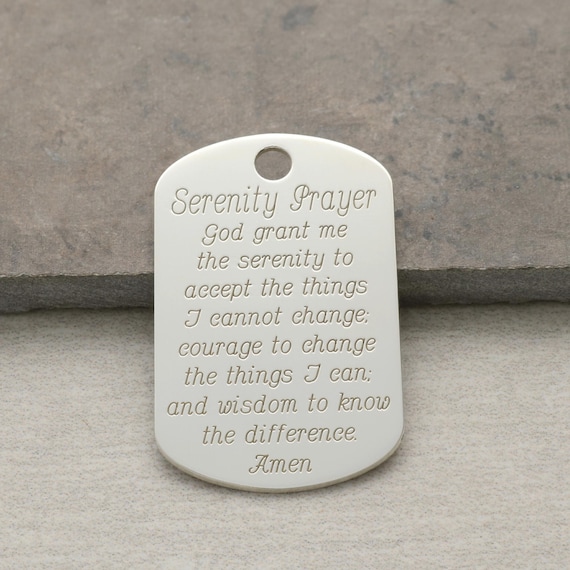 Serenity Prayer Sterling Silver Dog Tag Large Pendant and Bead Ball Chain Necklace & Personalized Engraving (back) Options - Gift for Men