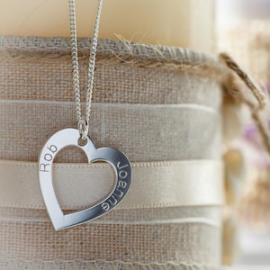 Personalised Silver Heart Necklace with Names - Sterling Silver Engraved Heart Pendant with Chain -  Engraved Jewellery Gift for Her
