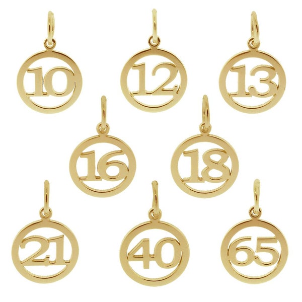 9ct Gold Number Birthday Age Pendant ROUND Charm Number 10 13 16 18 21 30 40 50 65 70 ANY NUMBER 1 to 99 - 16th 18 21st Birthday Anniversary