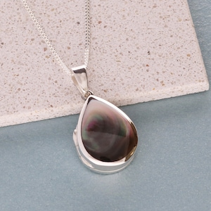 Silver Teardrop Photo Locket with Black Mother of Pearl Inlay, Optional Chain - Engraved Picture Pendant or Necklace
