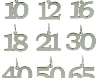 Colgante con número en ORO BLANCO de 9 ct: regalo de cumpleaños número 10, 13, 16, 18 y 21: regalo de cumpleaños por edad: cualquier número hasta el 99: número de oro de aniversario