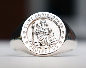 Men's Sterling Silver St Christopher Signet Ring, Dad's or Son's Christmas Jewellery Gift Idea