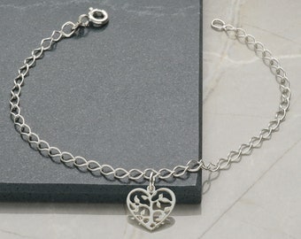 Sterling Silver Ankle Chain Tree of Life Heart Charm, Choose Curb or Belcher Links, Dainty Anklet Holiday Jewellery for Women