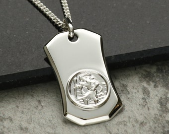 Silver Personalised St Christopher Pendant (24mm x 14mm) with Your Custom Engraving - Silver Curb Chain Option