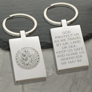 St Christopher with Traveller&#39;s Prayer Rectangular KeyRing - Key chain - Travelling Graduation Keepsake Gift - Personalised Engraved Option
