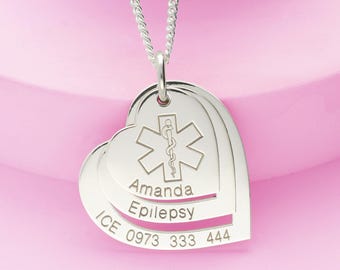 Sterling Silver Women's Medical ID Pendant with Three Hearts Personalised With Your ICE Information, Necklace Chain Option in lengths to 40"