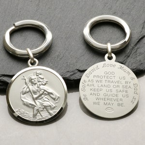 Sterling Silver 27mm St Christopher Medal Key Ring with Travellers Prayer & Optional personalisation - Saint Christopher Keychain - Key Fob