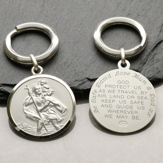 Sterling Silver 27mm St Christopher Medal Key Ring With Travellers Prayer &  Optional Personalisation Saint Christopher Keychain Key Fob 