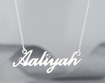 Silver Personalised Name Necklace with Crystal in Script Carrie Font, Any Custom Name Jewellery Gift Idea for Wife Daughter