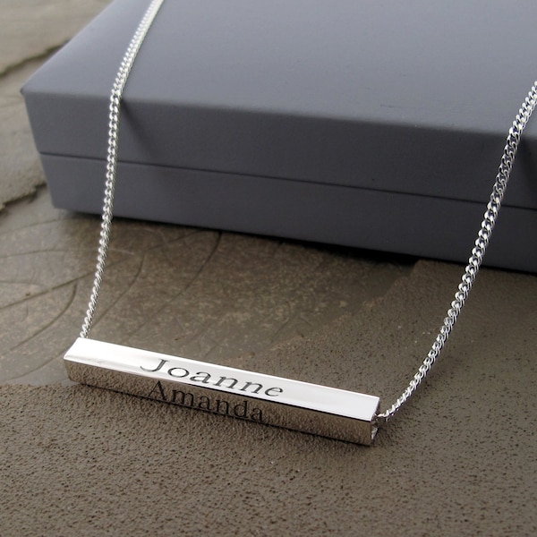 Personalised Silver 3D Name Bar Necklace - Engraved Horizontal Silver Bar pendant 1, 2, 3 or 4 Names or Dates - Valentines Gift for Wife Her