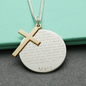 The Lord&#39;s Prayer Personalised with Name Sterling Silver Disc and 9ct Gold Cross Pendant, Necklace Chain & Disc Back Engraving Option