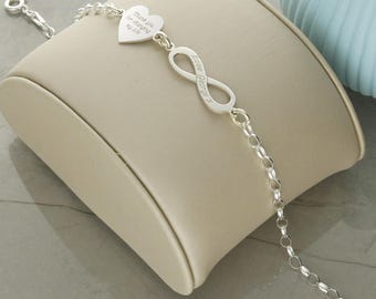 Sterling Silver Personalised Infinity & Engraved Heart Bracelet with Names and Words, Birthday Gift for Girlfriend, Wife, Her,