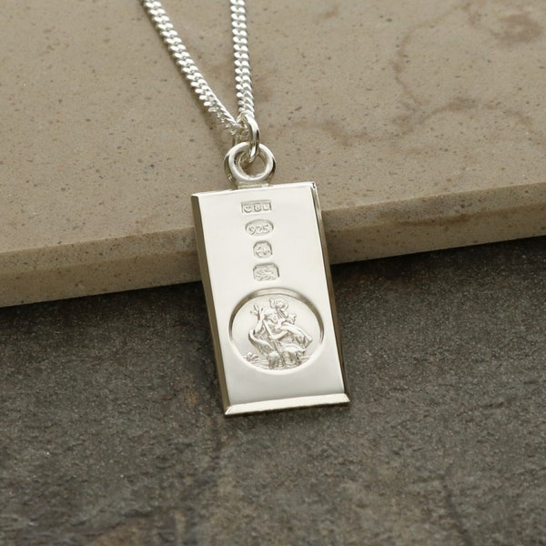 St Christopher Small Solid Silver Ingot Pendant 20mm x 10mm with Hallmark Feature & Personalised Engraving Option - Silver Curb Chain Option