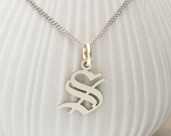 Sterling Silver Old English Gothic Initial Pendant or Necklace with Optional Chain - Silver Old Style Letter Pendant