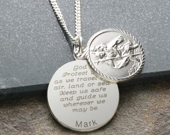 Silver St Christopher Layered with Traveller's Prayer Disc - Personalised Saint Christopher for Men and Women