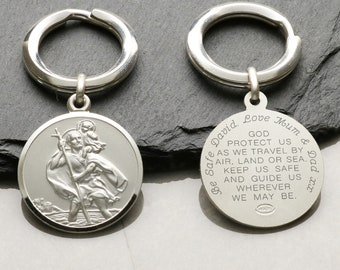 Personalised Silver 24mm St Christopher Key Ring Gift with Travellers Prayer - Key Chain - Key Fob - Gift For Her Him Son