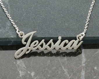 Silver Any Name Necklace, Carrie Script Style Font, Chain Style Choice, Personalised Name Plate Gift for Her,