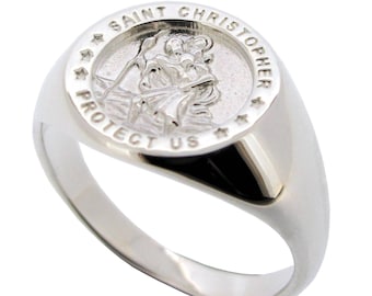 Sterling Silver Personalised St Christopher Signet Ring for Men or Teenage Boys with Inside Band Engraving, Men's Jewellery Gift Idea