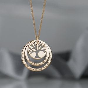 Personalised Tree of Life with Family Circles Pendant up to 11 Engraved Names - Gold Plated on Silver - Chain Option
