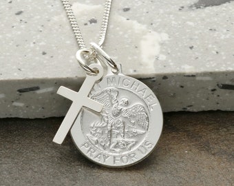 Silver St Michael Pendant with Cross, Patron Saint of Police Officers & Military Personnel Medal, Chain Necklace and Personalised Option