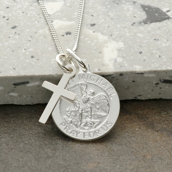 Silver St Michael Pendant with Cross, Patron Saint of Police Officers & Military Personnel Medal, Chain Necklace and Personalised Option