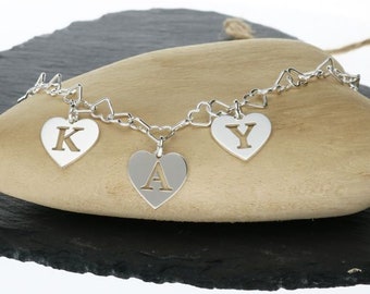 Silver Ankle Chain with 1, 2, 3, 4 or 5 Initials / Letters Heart Charm - Silver Heart Link Ankle Bracelet - Gift for Women Girls Her