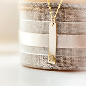 9ct Gold Bar Tag Initial Pendant - Vertical Rectangular Bar Style Pendant with Customised Cut Out Initial & Chain Option