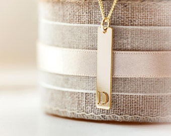 9ct Gold Bar Tag Initial Pendant - Vertical Rectangular Bar Style Pendant with Customised Cut Out Initial & Chain Option