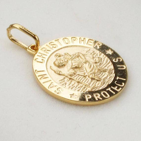 St Christopher Engravable Medal 14kt Yellow or White Gold Pendant 9 Sizes