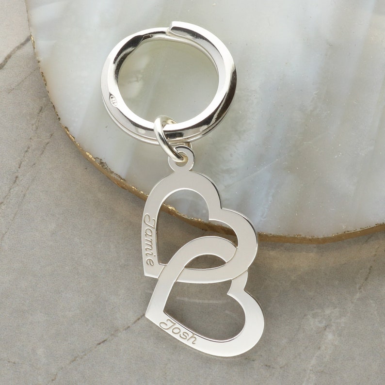 Key Fob Key Ring Personalised Silver Valentines Double Heart Keyring Hearts with Two Names