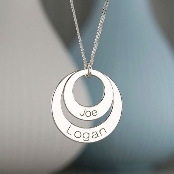 Silver Two Rings Necklace With Two Engraved Names Double Disc 