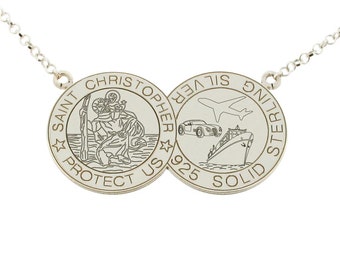 Sterling Silver St Christopher Double Disc Coin Style Necklace with Personalised Engraving Option,, Unusual Saint Pendant for Her